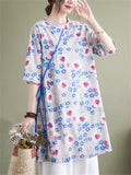 Rural Style Floral Print Cotton Linen Shirt