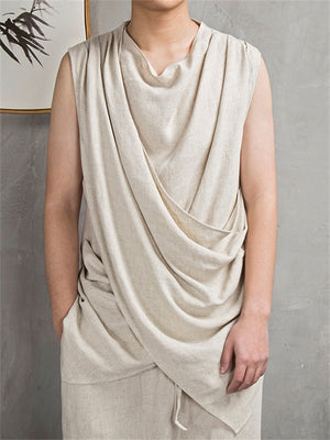 Men's Buddhism Plain Linen Summer Sleeveless Shirt