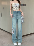 Female Stylish Chinese Style Embroidered Denim Trousers