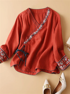 Female Ethnic Style V Neck Embroideried Side Lace Up Cotton Shirt