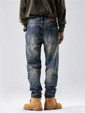 Stylish Patchwork Design High-Rise Ripped Blue Jeans for Men