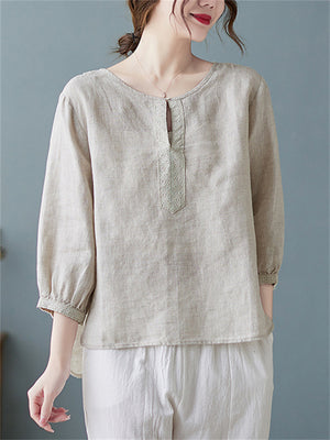 Plain Scoop Neck 3/4 Sleeve Female Cozy Linen Shirt