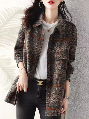 British Style Plaid Lapel Chest Pocket Woolen Jacket for Female