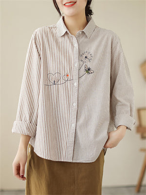 Women's Casual Bee & Dandelion Embroidery Stripe Shirt