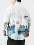 Chinese Landscape Ink Painting Vintage Shirt for Men