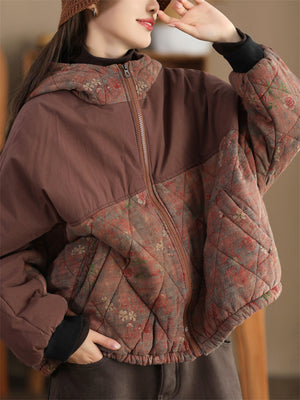 Vintage Hooded Printed Cotton Coats for Ladies