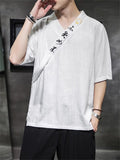 Men's Retro Linen V Neck Hanzi Embroideried Summer Shirt