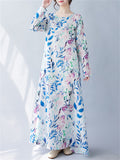 Summer Relaxed All-Over Blue Leaf Print Female Holiday Dress