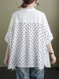 Ladies Round Neck Polka Dots Splicing Shirt with Pockets