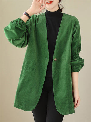 Women's Retro Fashion Green Corduroy Blazer Jacket