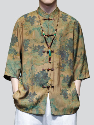Vintage Shirt with Green Mountain & Chinese Loong Print