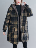 Ladies Fashion Plush Lined Plaid Coat with Hood