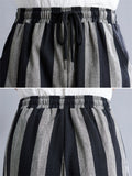 Retro Black Grey Stripes Cozy Linen Wide Leg Pants for Women