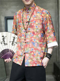 Multicolor Floral Printed Stand-Up Collar Shirt for Men