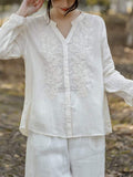 V-Neck Button Up Long Sleeve Embroidery Linen Shirt for Women