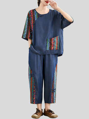 Ethnic Style Summer Denim Two Piece Suit for Ladies