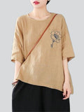 Chest Pocket Flower Embroidery Half Sleeve Loose Shirt for Women