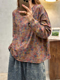 Female Vintage Oil Painting Floral Print Long Sleeve Shirt