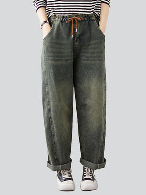 Women's Vintage Autumn Patchwork Casual Blue Denim Pants