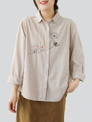 Women's Casual Bee & Dandelion Embroidery Stripe Shirt
