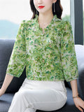 Elegant Ruffled Collar 3/4 Sleeve Floral Pattern Shirt for Women