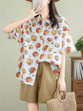 Cute Pumpkin Print Short Sleeve Button Shirt for Women