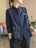 Floral Embroidery Spring Lapel Cotton Shirt for Women