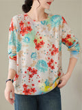 Contrast Color Flower Print Long Sleeve Knitted Shirt