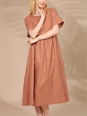 Gentle Solid Colour Pleated Linen Dress for Women