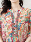 Colored Drawing Print V Neck Half Sleeve Rhinestone Shirt for Lady