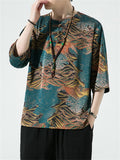 Retro Printed Ice Silk Round Collar Vacation Shirts for Men