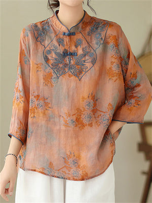 Female Retro Flying Swallow Peony Embroidery Linen Shirt
