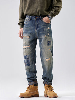 Stylish Patchwork Design High-Rise Ripped Blue Jeans for Men