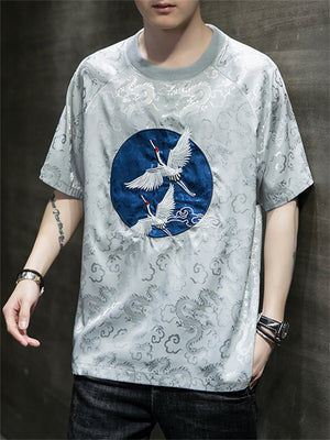 White Crane Embroidery Summer Round Neck T-shirt for Men