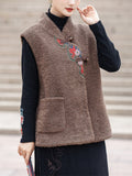 Women's Elegant Flower Embroidery Fluffy Sleeveless Jacket