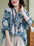 Summer Cozy V Neck Loose Print Long Sleeve Shirt for Women