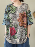 Women's Vintage Floral Print Rhinestone Hollow Out Half Sleeve Shirt