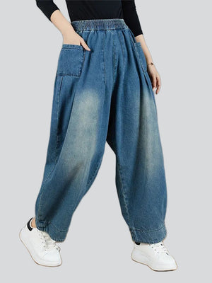 Casual Elastic Waist Distressed Jeans for Ladies