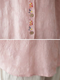 Female Chinese Floral Embroideried Lapel Button Up Linen Shirt