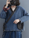 Retro Spliced Slanted V-neck Lace-up Lady Denim Jacket