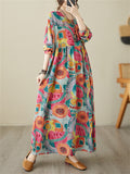 Female Tree Rings Meadows Printed Round Neck Maxi Dress