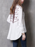 Female Chic Embroidery Button Up Irregular Hem White Shirt