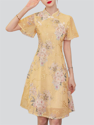 Elegant Ladies Flower Print Yellow A-line Qipao