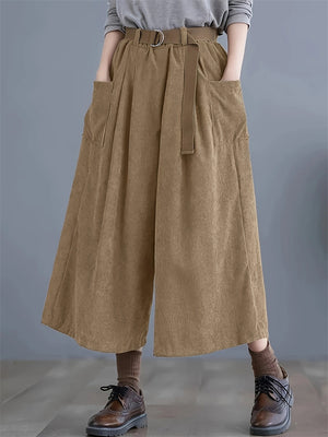 Women's Solid Color Corduroy Wide Leg Pants with Belt