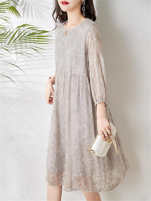 Beautiful Lace Floral Embroidery Silky Midi Dress for Lady