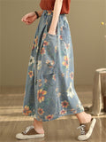 Orange & White Flowers Print Women's Elastic Waist Denim Skirt