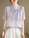 Ginkgo Leaf Print Stand Collar Tassel Button Female Shirt