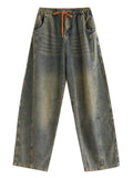 Women's Vintage Autumn Patchwork Casual Blue Denim Pants