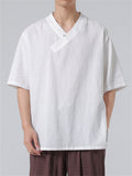 Men's Summer V Neck Short Sleeve Regular Fit Linen Shirt