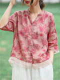 Female Cozy Cotton Linen V-neck Half Sleeve Floral Shirt